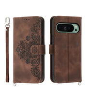 For Google Pixel 9 Skin-feel Flowers Embossed Wallet Leather Phone Case(Brown)
