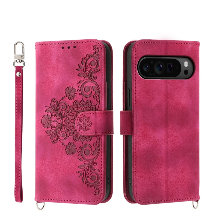 For Google Pixel 9 Pro Skin-feel Flowers Embossed Wallet Leather Phone Case(Wine Red) - Google Cases by PMC TechLife | Online Shopping South Africa | PMC TechLife | Buy Now Pay Later Mobicred