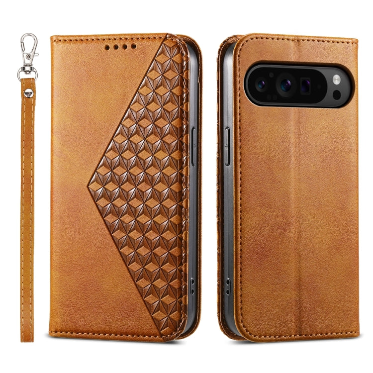 For Google Pixel 9 Pro Cubic Grid Calf Texture Magnetic Leather Phone Case(Yellow) - Google Cases by PMC TechLife | Online Shopping South Africa | PMC TechLife | Buy Now Pay Later Mobicred