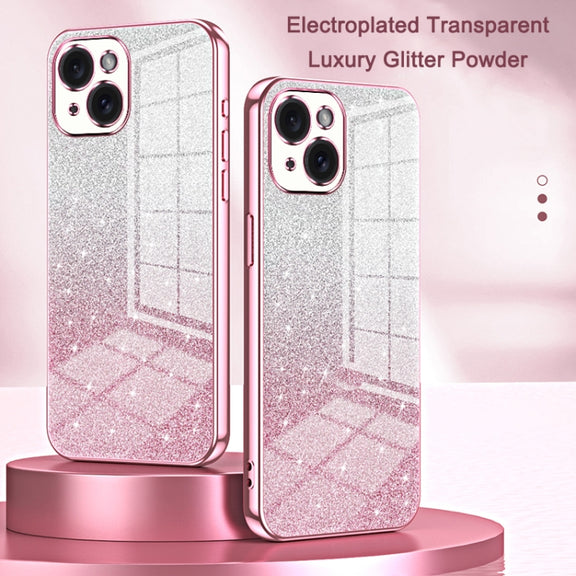For iPhone 16 Plus Gradient Glitter Powder Electroplated Phone Case(Pink)