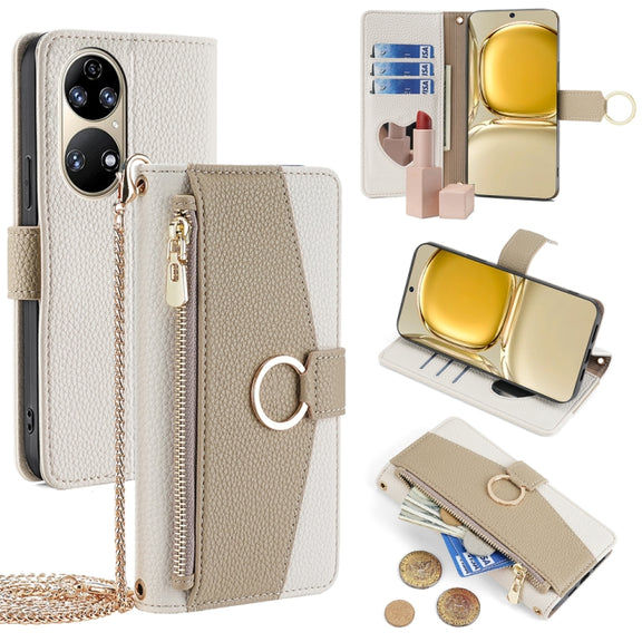 For Huawei P50 Crossbody Litchi Texture Leather Phone Case(White)