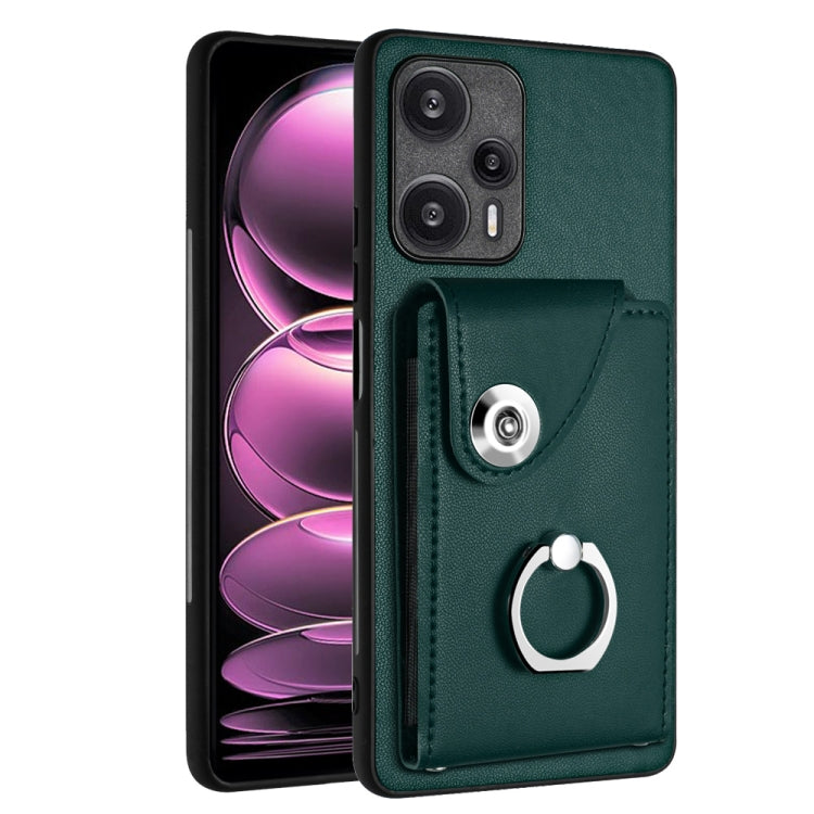 For Xiaomi Poco F5 5G/Redmi Note 12 Turbo Organ Card Bag Ring Holder PU Phone Case(Green) - Xiaomi Cases by PMC TechLife | Online Shopping South Africa | PMC TechLife | Buy Now Pay Later Mobicred
