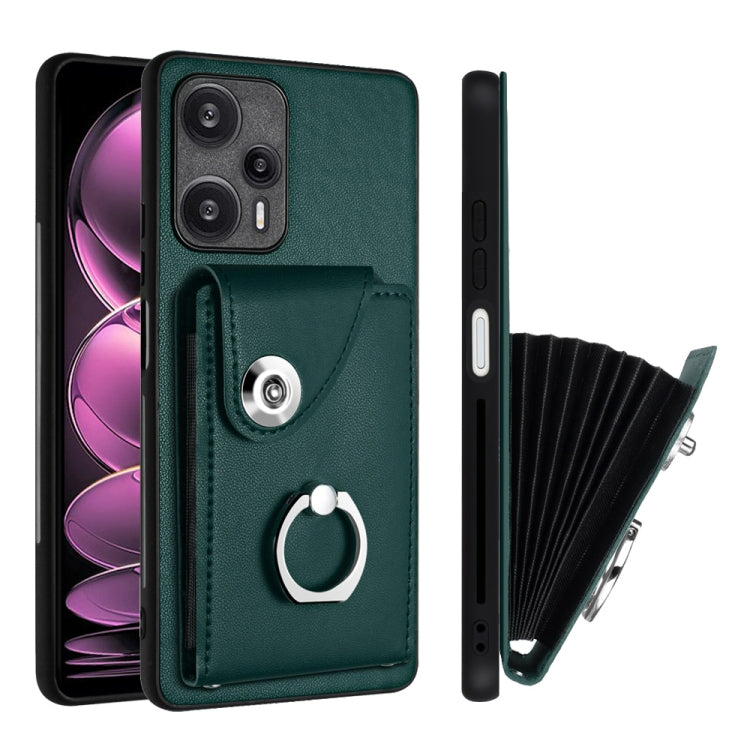For Xiaomi Poco F5 5G/Redmi Note 12 Turbo Organ Card Bag Ring Holder PU Phone Case(Green) - Xiaomi Cases by PMC TechLife | Online Shopping South Africa | PMC TechLife | Buy Now Pay Later Mobicred