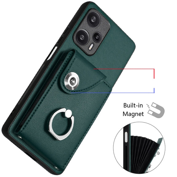 For Xiaomi Poco F5 5G/Redmi Note 12 Turbo Organ Card Bag Ring Holder PU Phone Case(Green)