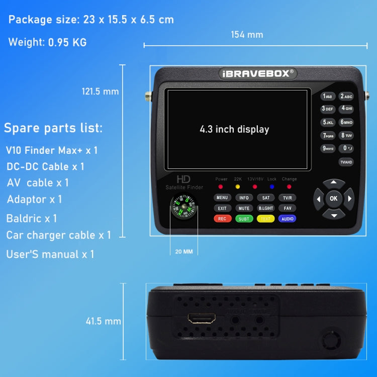iBRAVEBOX V10 Finder Max+ 4.3 inch Display Digital Satellite Meter Signal Finder, Support DVB-S/S2/S2X AHD, Plug Type:UK Plug(Black)