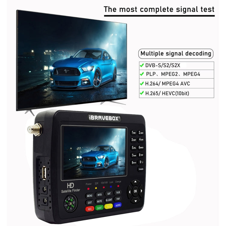 iBRAVEBOX V10 Finder Max+ 4.3 inch Display Digital Satellite Meter Signal Finder, Support DVB-S/S2/S2X AHD, Plug Type:UK Plug(Black)