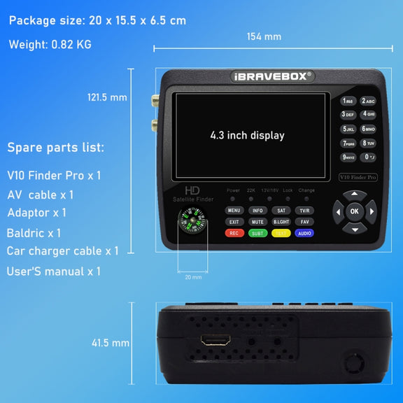 iBRAVEBOX V10 Finder Pro 4.3 inch Display Digital Satellite Meter Signal Finder, Support DVB-S/S2/S2X/T/T2/C, Plug Type:AU Plug(Black)