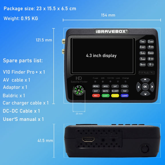 iBRAVEBOX V10 Finder Pro+ 4.3 inch Display Digital Satellite Meter Signal Finder, Support DVB-S/S2/S2X/T/T2/C AHD, Plug Type:US Plug(Black)