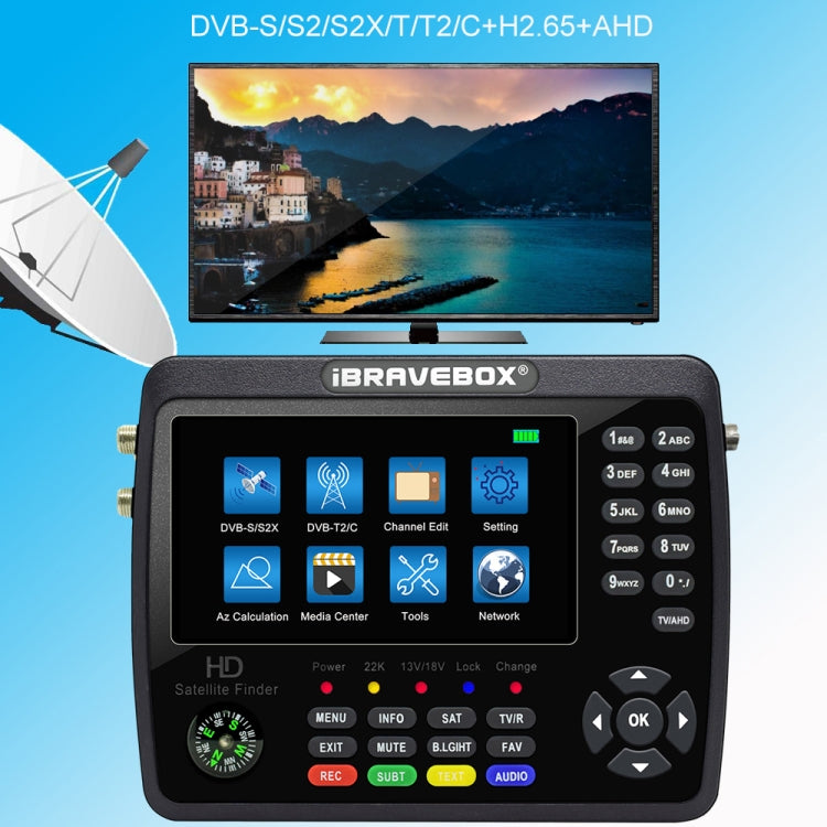 iBRAVEBOX V10 Finder Pro+ 4.3 inch Display Digital Satellite Meter Signal Finder, Support DVB-S/S2/S2X/T/T2/C AHD, Plug Type:US Plug(Black)