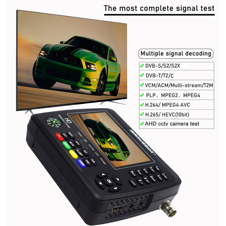 iBRAVEBOX V10 Finder Pro+ 4.3 inch Display Digital Satellite Meter Signal Finder, Support DVB-S/S2/S2X/T/T2/C AHD, Plug Type:EU Plug(Black)