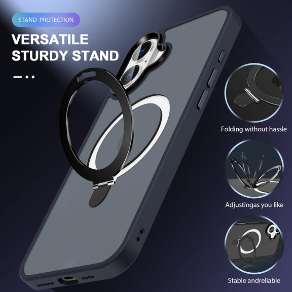 For iPhone 16 Plus Skin-feel MagSafe Holder PC Hybrid TPU Phone Case(Dark Blue)