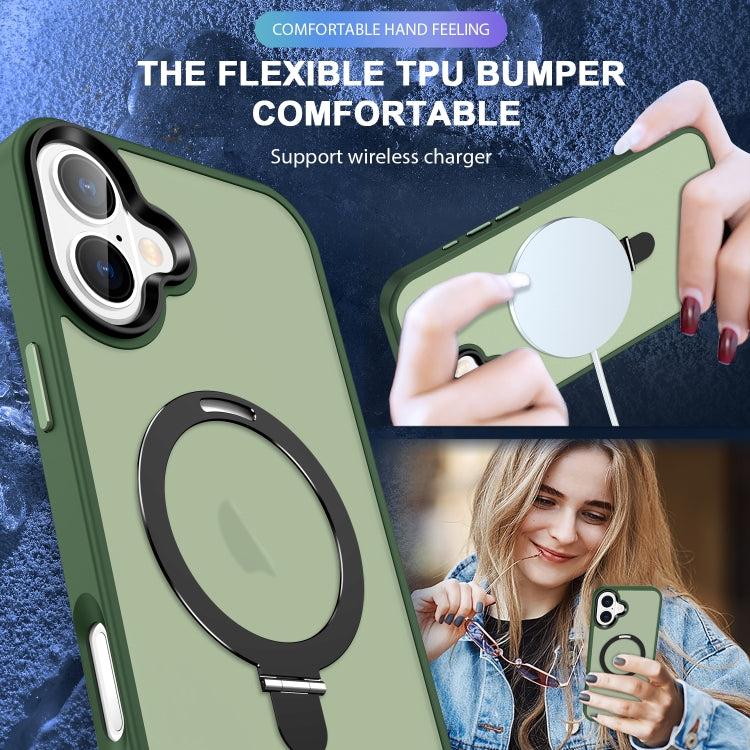For iPhone 16 Skin-feel MagSafe Holder PC Hybrid TPU Phone Case(Green)