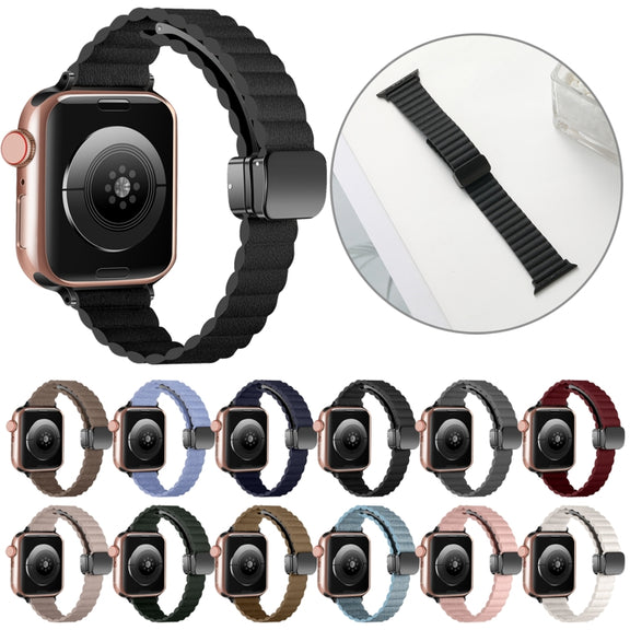 For Apple Watch SE 2023 44mm Water Ripple Magnetic Folding Buckle Watch Band, Style: Thin Version(Light Brown)