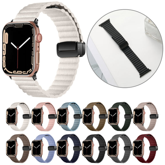 For Apple Watch SE 2023 44mm Water Ripple Magnetic Folding Buckle Watch Band, Style: Bold Version(Light Brown)
