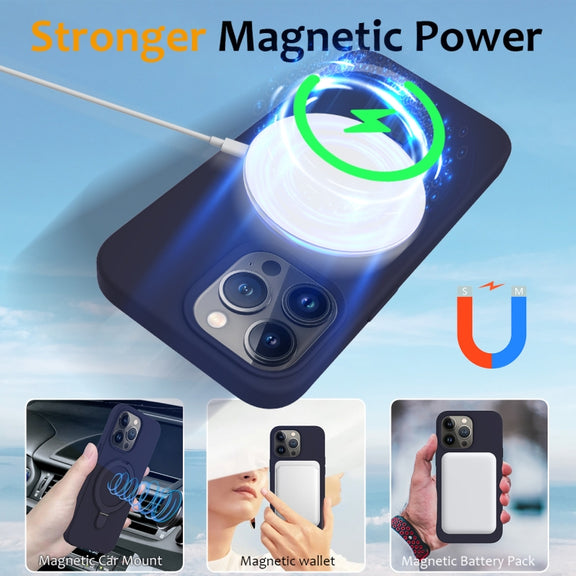 For iPhone 15 Pro MagSafe Magnetic Liquid Silicone Phone Case with Ring Holder(Midnight Blue)