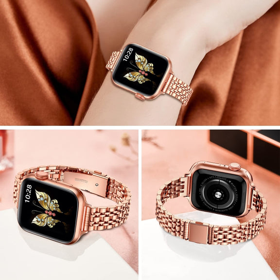 For Apple Watch SE 2022 40mm Slim Seven Bead Slingshot Buckle Metal Watch Band(Rose Gold)
