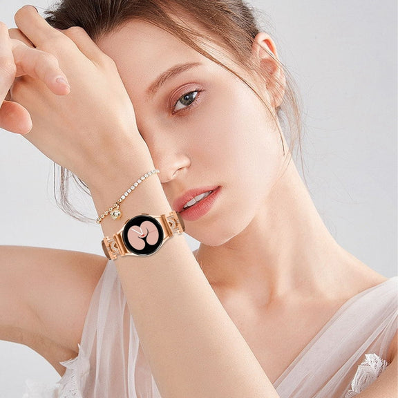 For Samsung Galaxy Watch6 / 6 Classic M Letter D-shaped Twill Leather Watch Band(Rose Gold Brown)