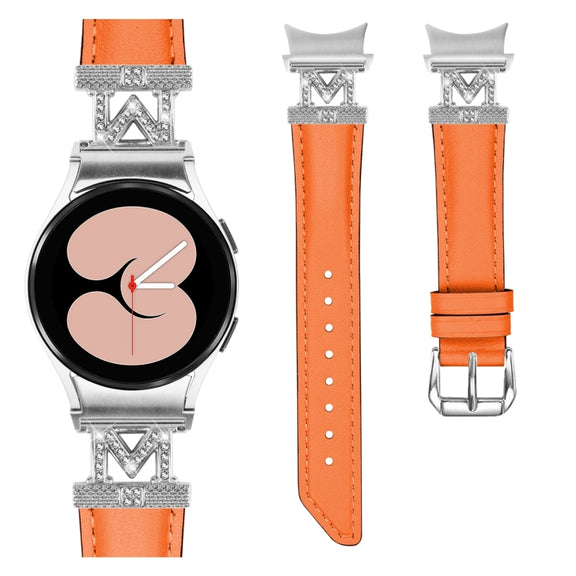 For Samsung Galaxy Watch6 / 6 Classic M Letter D-shaped Twill Leather Watch Band(Silver Orange)