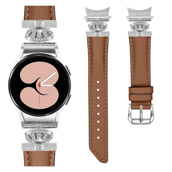 For Samsung Galaxy Watch6 / 6 Classic Crown D-shaped Twill Leather Watch Band(Silver Brown)