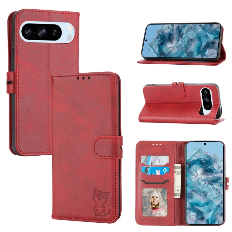 For Google Pixel 9 Pro Embossed Happy Cat Pattern Flip Leather Phone Case(Red) - Google Cases by PMC TechLife | Online Shopping South Africa | PMC TechLife | Buy Now Pay Later Mobicred