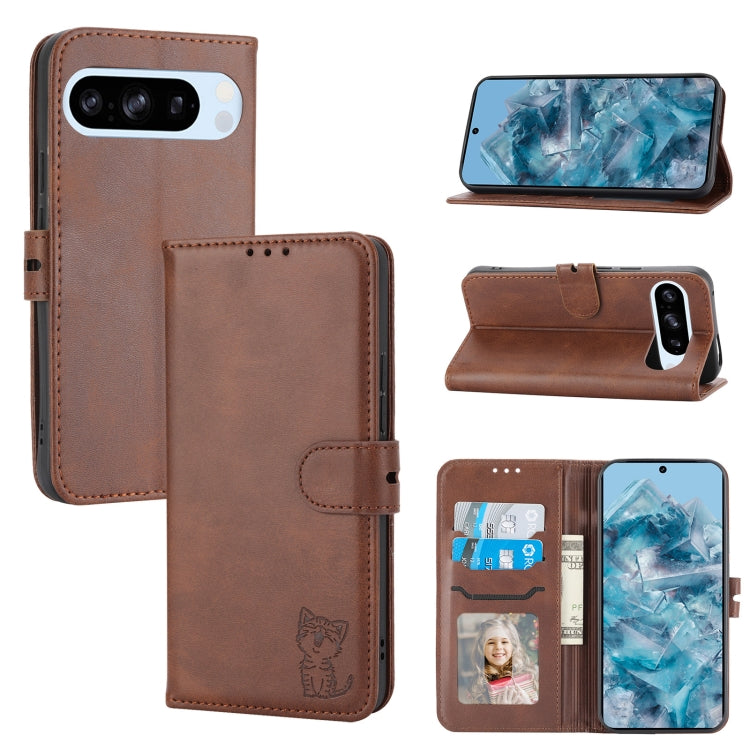 For Google Pixel 9 Pro Embossed Happy Cat Pattern Flip Leather Phone Case(Brown) - Google Cases by PMC TechLife | Online Shopping South Africa | PMC TechLife | Buy Now Pay Later Mobicred