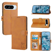 For Google Pixel 9 Pro Embossed Happy Cat Pattern Flip Leather Phone Case(Yellow)