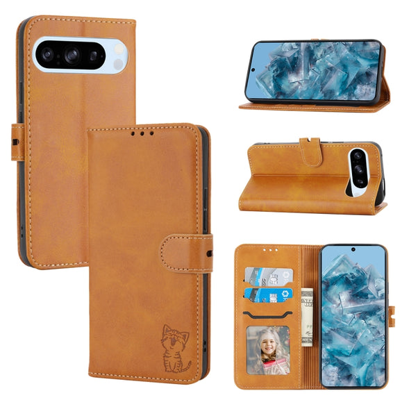 For Google Pixel 9 Pro Embossed Happy Cat Pattern Flip Leather Phone Case(Yellow)