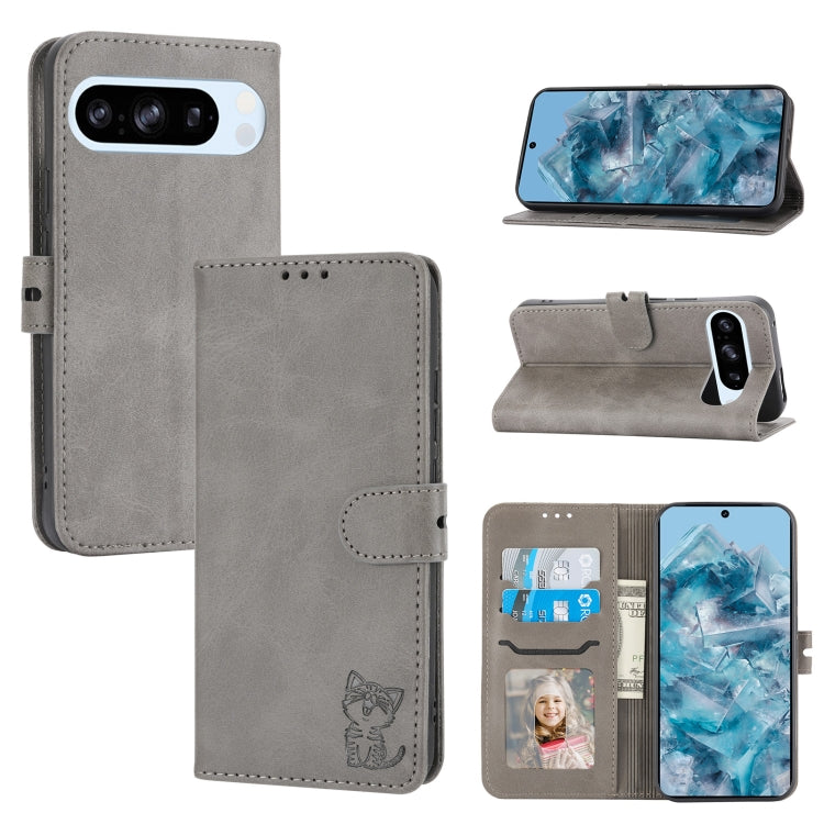 For Google Pixel 9 Embossed Happy Cat Pattern Flip Leather Phone Case(Grey) - Google Cases by PMC TechLife | Online Shopping South Africa | PMC TechLife | Buy Now Pay Later Mobicred