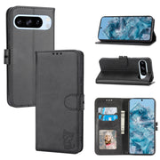 For Google Pixel 9 Embossed Happy Cat Pattern Flip Leather Phone Case(Black)