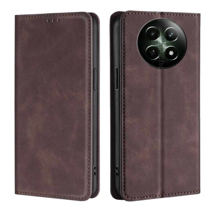 For Realme 12 5G Skin Feel Magnetic Leather Phone Case(Dark Brown) - Realme Cases by PMC TechLife | Online Shopping South Africa | PMC TechLife | Buy Now Pay Later Mobicred