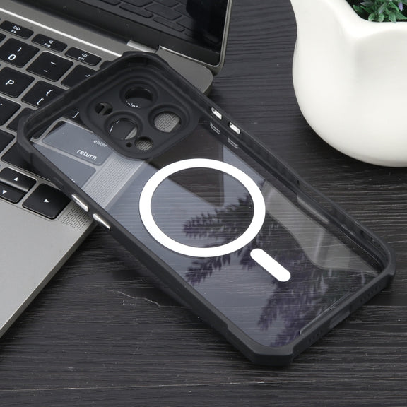 For iPhone 16 Pro Max Colorful Two-Color Lens Film MagSafe Magnetic Horn Acrylic+TPU Case(Black)