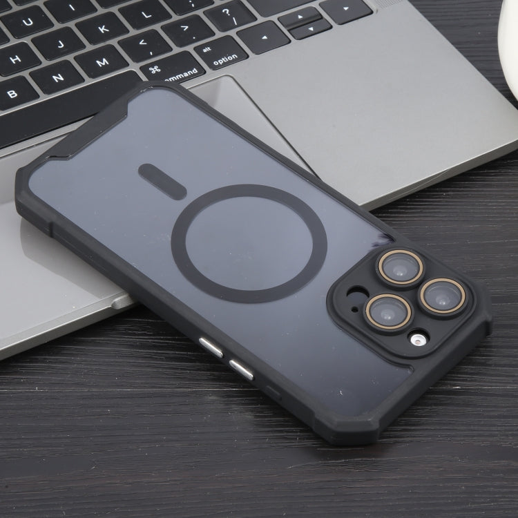 For iPhone 16 Pro Max Colorful Two-Color Lens Film MagSafe Magnetic Horn Acrylic+TPU Case(Black)