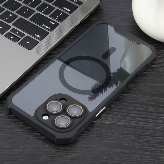 For iPhone 16 Pro Max Colorful Two-Color Lens Film MagSafe Magnetic Horn Acrylic+TPU Case(Black)