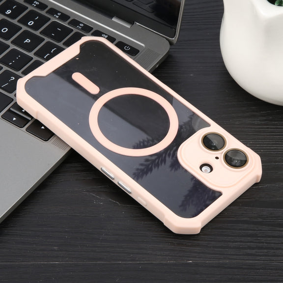 For iPhone 16 Colorful Two-Color Lens Film MagSafe Magnetic Horn Acrylic+TPU Case(Pink)