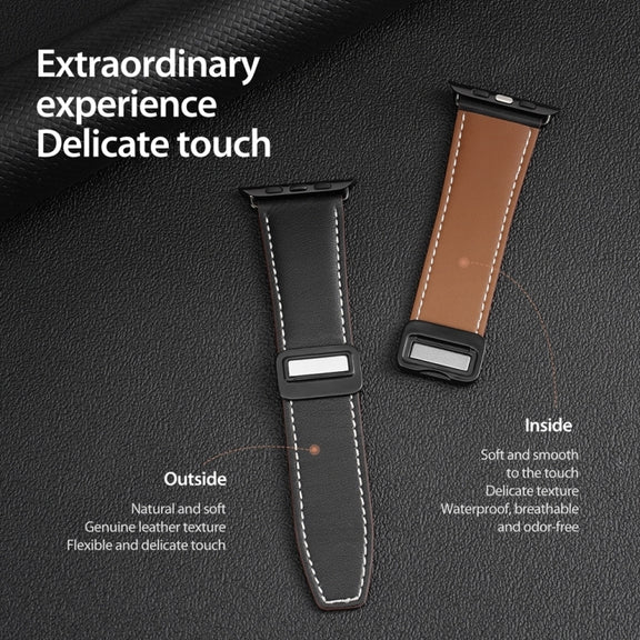 For Apple Watch 42mm DUX DUCIS YA Series Magnetic Buckle Genuine Leather Watch Band(Black)