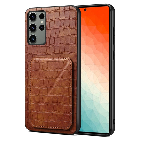 For Samsung Galaxy S24 Ultra 5G Denior Imitation Crocodile Leather Back Phone Case with Holder(Brown)