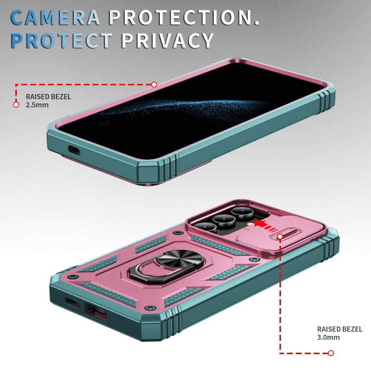 For Samsung Galaxy S24+ 5G Sliding Camshield TPU + PC Phone Case with Holder(Pink+Green)