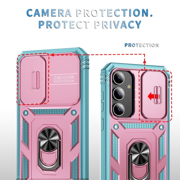 For Samsung Galaxy S24+ 5G Sliding Camshield TPU + PC Phone Case with Holder(Pink+Green)
