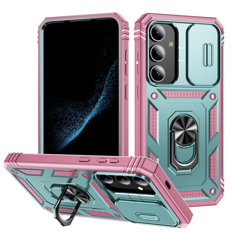 For Samsung Galaxy S24+ 5G Sliding Camshield TPU + PC Phone Case with Holder(Green+Pink) - Galaxy S24+ 5G Cases by PMC TechLife | Online Shopping South Africa | PMC TechLife