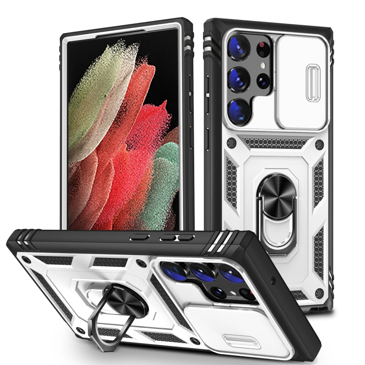 For Samsung Galaxy S24 Ultra 5G Sliding Camshield TPU + PC Phone Case with Holder(White+Black) - Galaxy S24 Ultra 5G Cases by PMC TechLife | Online Shopping South Africa | PMC TechLife
