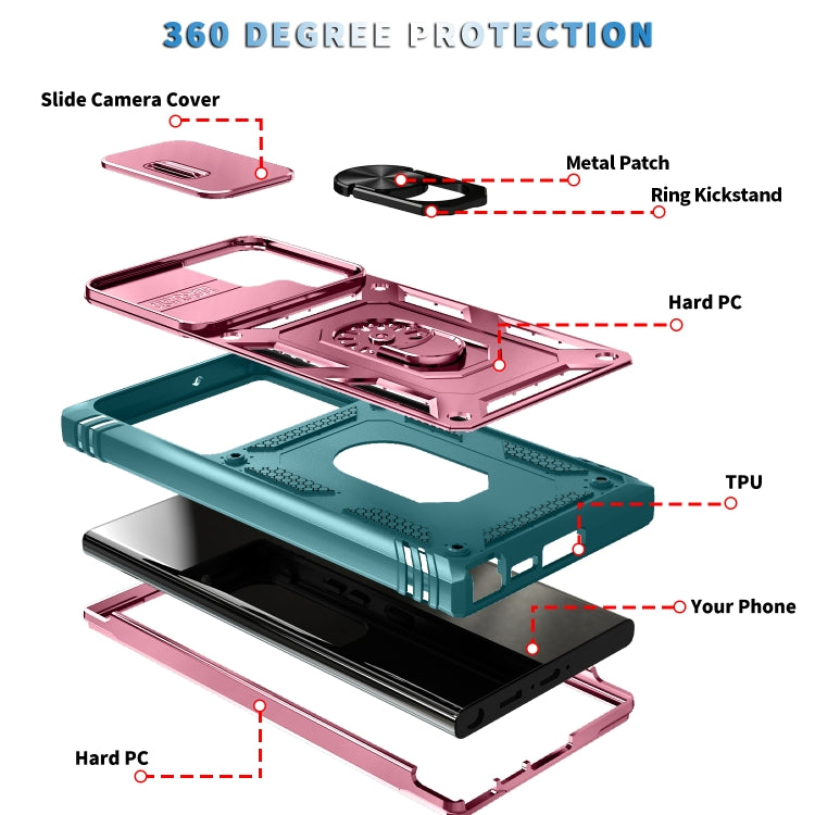 For Samsung Galaxy S24 Ultra 5G Sliding Camshield TPU + PC Phone Case with Holder(Pink+Green) - Galaxy S24 Ultra 5G Cases by PMC TechLife | Online Shopping South Africa | PMC TechLife