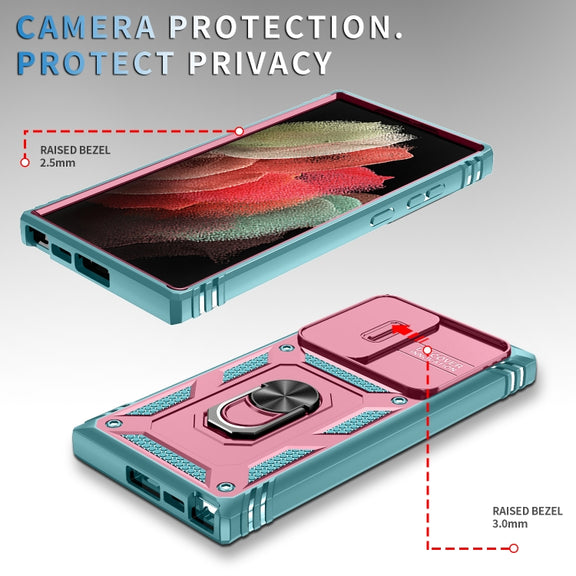 For Samsung Galaxy S24 Ultra 5G Sliding Camshield TPU + PC Phone Case with Holder(Pink+Green)