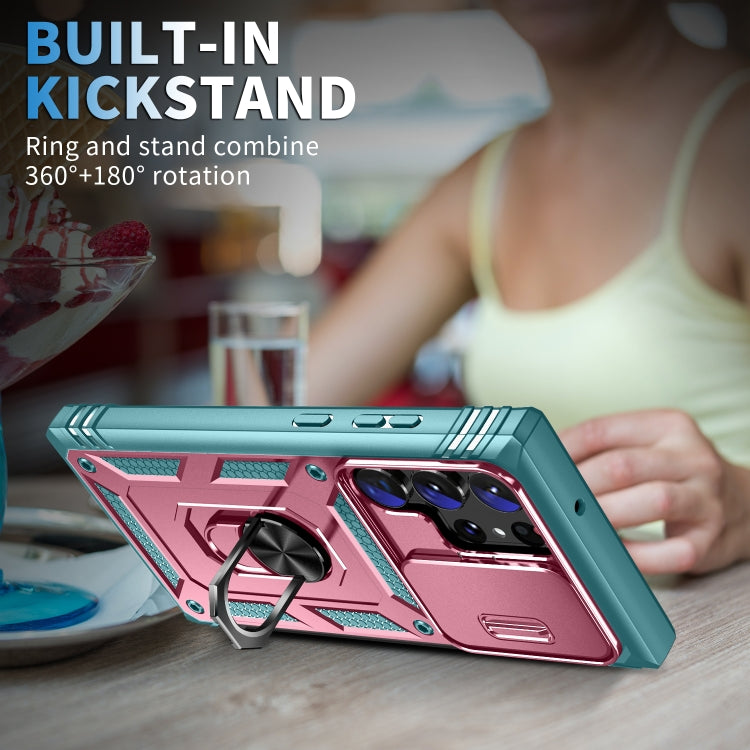 For Samsung Galaxy S24 Ultra 5G Sliding Camshield TPU + PC Phone Case with Holder(Pink+Green) - Galaxy S24 Ultra 5G Cases by PMC TechLife | Online Shopping South Africa | PMC TechLife