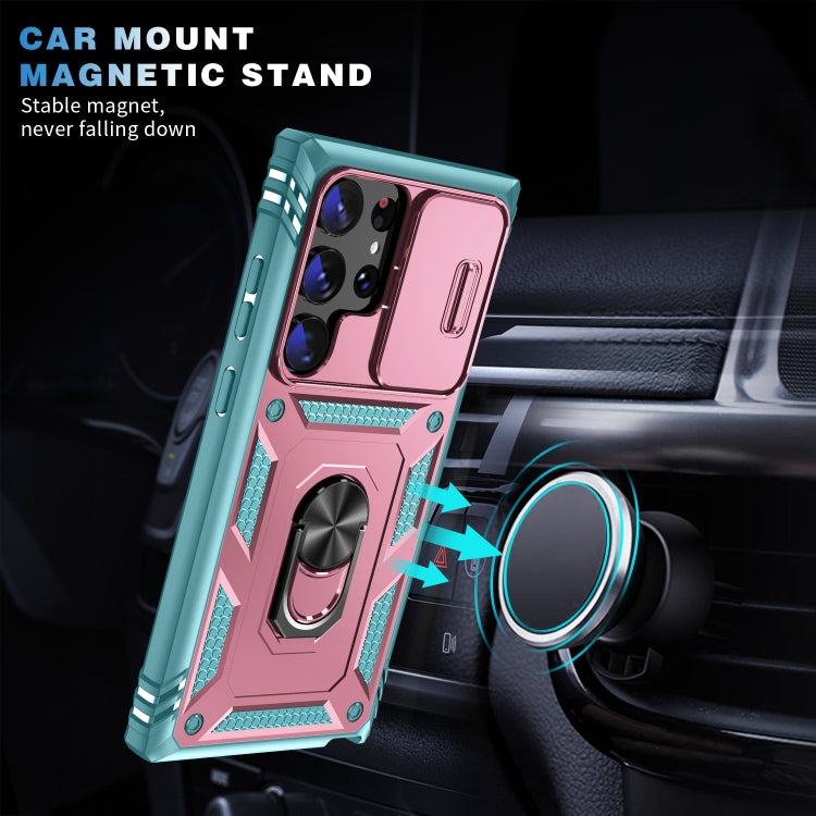 For Samsung Galaxy S24 Ultra 5G Sliding Camshield TPU + PC Phone Case with Holder(Pink+Green)