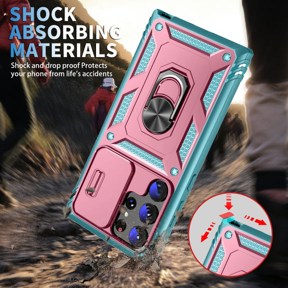 For Samsung Galaxy S24 Ultra 5G Sliding Camshield TPU + PC Phone Case with Holder(Pink+Green)