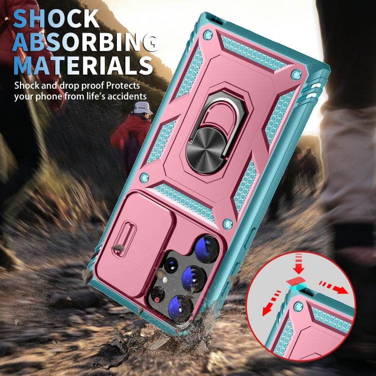 For Samsung Galaxy S24 Ultra 5G Sliding Camshield TPU + PC Phone Case with Holder(Pink+Green)