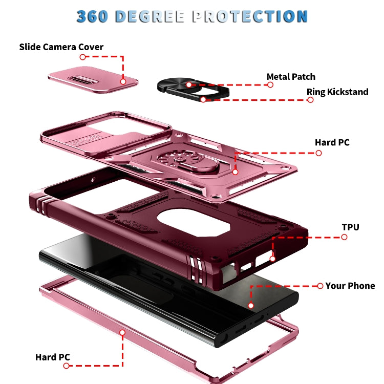 For Samsung Galaxy S24 Ultra 5G Sliding Camshield TPU + PC Phone Case with Holder(Pink+Rose Red) - Galaxy S24 Ultra 5G Cases by PMC TechLife | Online Shopping South Africa | PMC TechLife