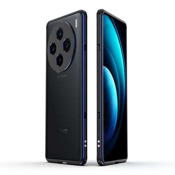 For vivo X100 Aurora Series Metal Frame Phone Case(Black Blue)