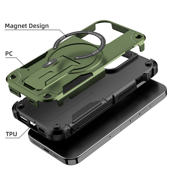 For iPhone 15 Pro MagSafe Holder Armor PC Hybrid TPU Phone Case(Army Green)