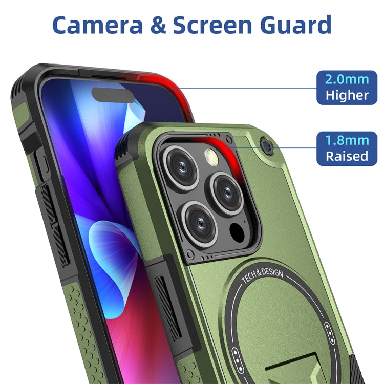 For iPhone 15 Pro MagSafe Holder Armor PC Hybrid TPU Phone Case(Army Green)